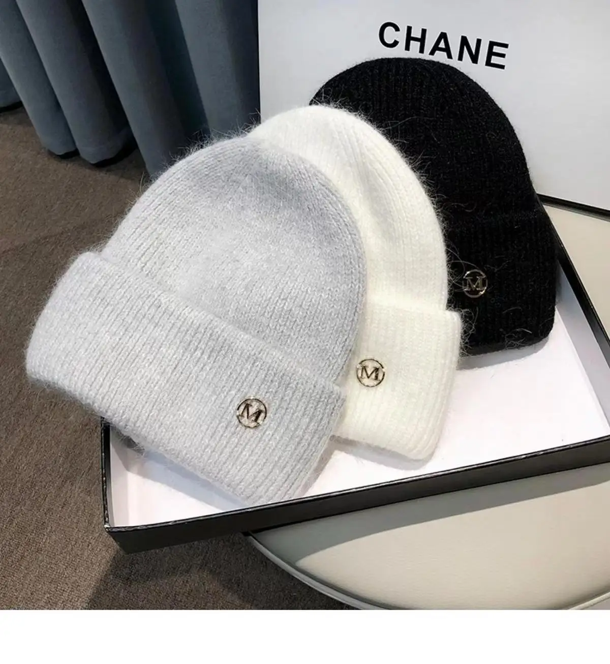 

Womens Winter Autumn Knitted Beanies Labelled M Solid Colors Casual Bonnet Hat Girls Female Casual Ribbed Rabbit Fur Warm Caps