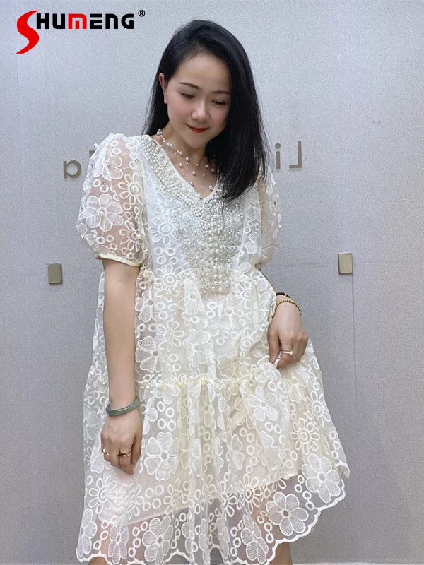 

Heavy Industry Beading Embroidery Lace Elegant Sweet Puffy Dress Women 2022 New Summer Fashion Organza Short Sleeve Midi Dress