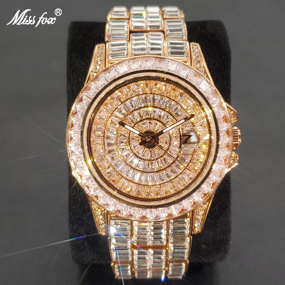 MISSFOX Ice Out Luxury Watches For Men Top Brand Big Diamond Rose Gold Watch Hip Hop Bling Waterproof Relogio Masculino 2022 New
