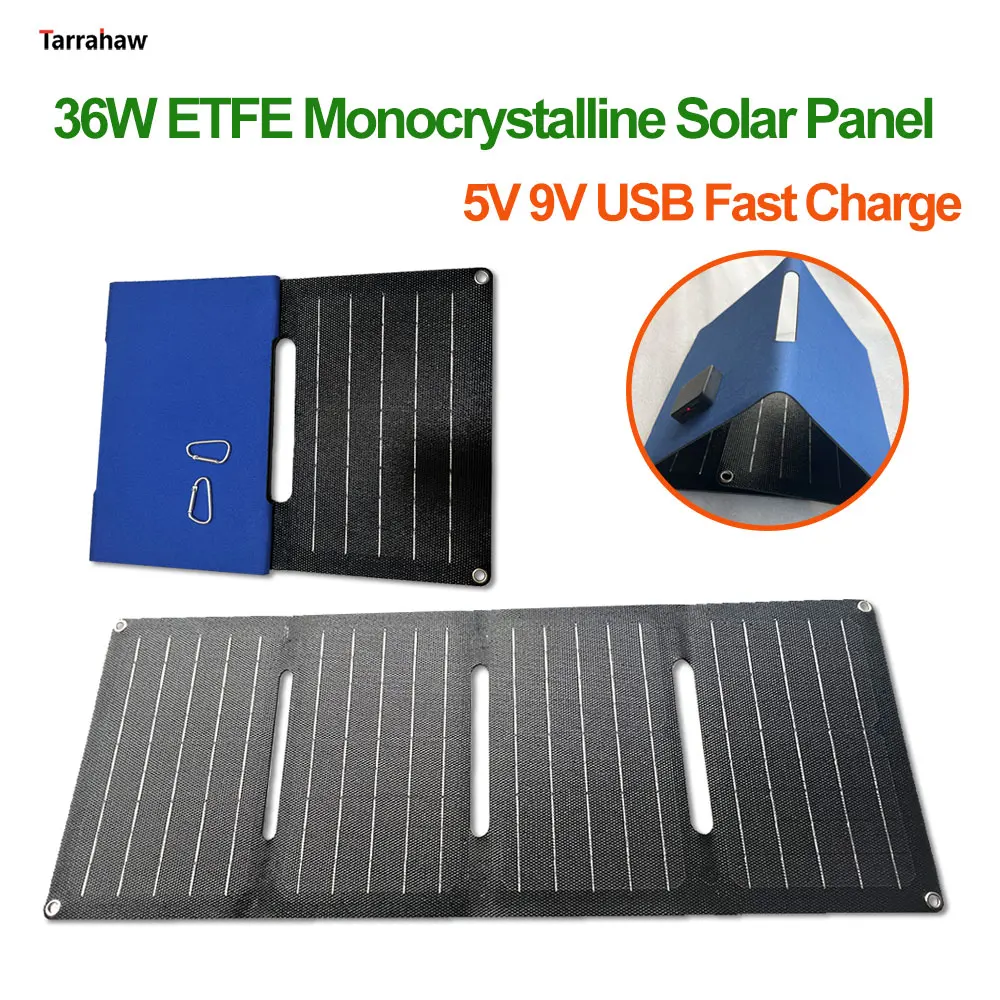 

Монокристаллическая солнечная панель ETFE, складной комплект фотоэлектрических элементов мощностью 36 Вт, 5В 9В, USB-порт, быстрая зарядка, портативная уличная солнечная панель