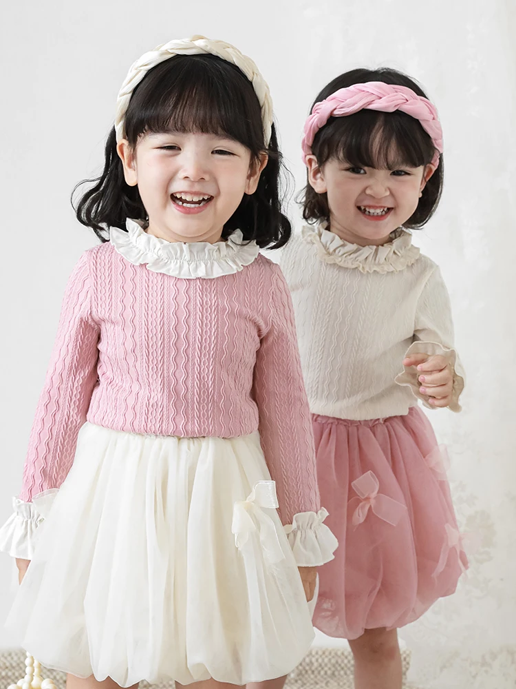 

Girls Autumn Knitted Bottoming Shirt Three-dimensional Decorative Texture Cute Lace Collar Baby Sweater