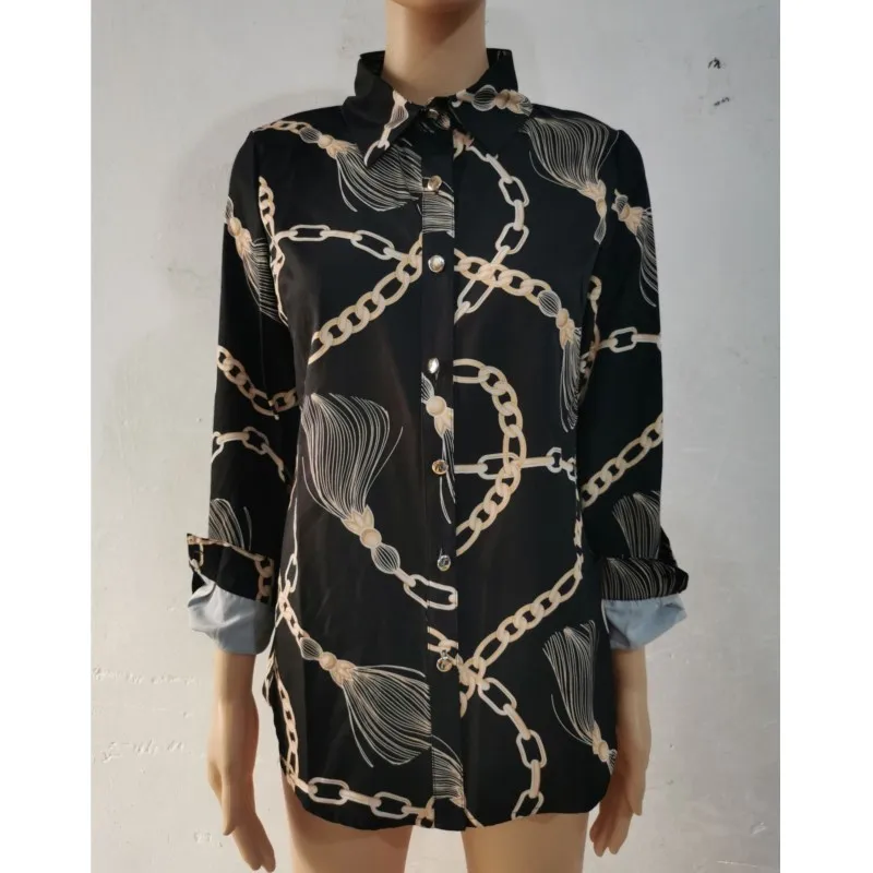 Черный топ женские рубашки и блузки свободные винтажные с цепочкой принтом