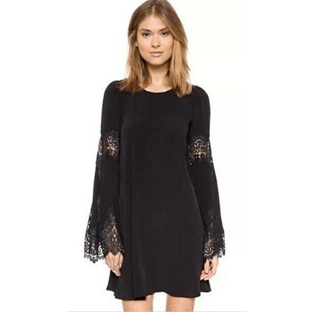 

Round Neck Women Lace Dress Excellent Durable Cotton Blend Process Chiffon Patchwork Flare Long Hollow Sleeve Loose