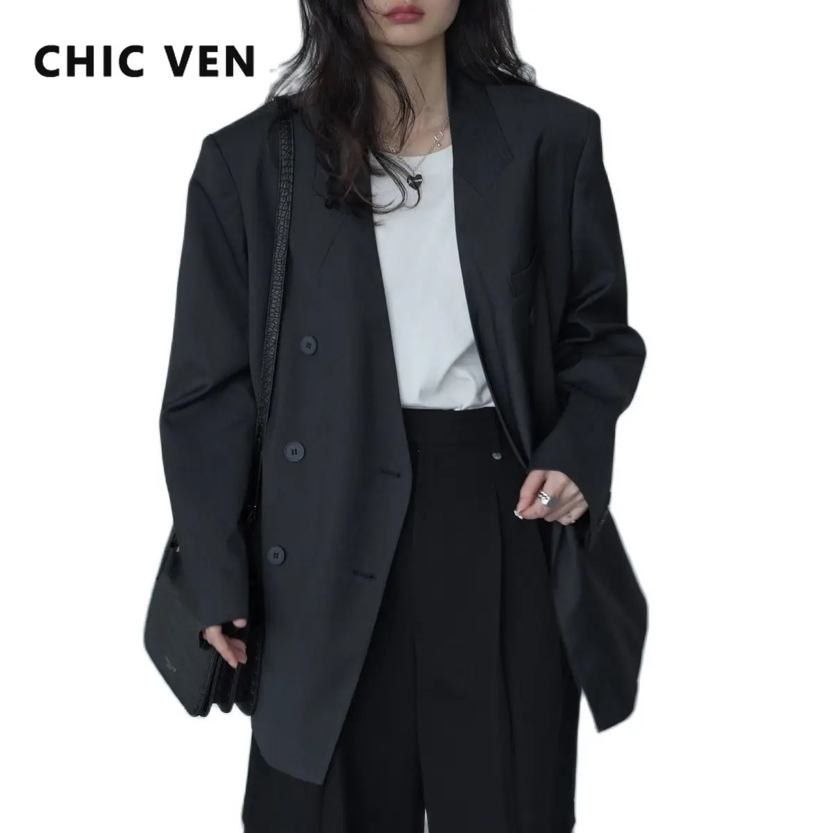 

CHIC VEN Women Blazer Design Collarless Wide Shoulder Suit Coat Women's V-neck Suit 2022 Spring Autumn