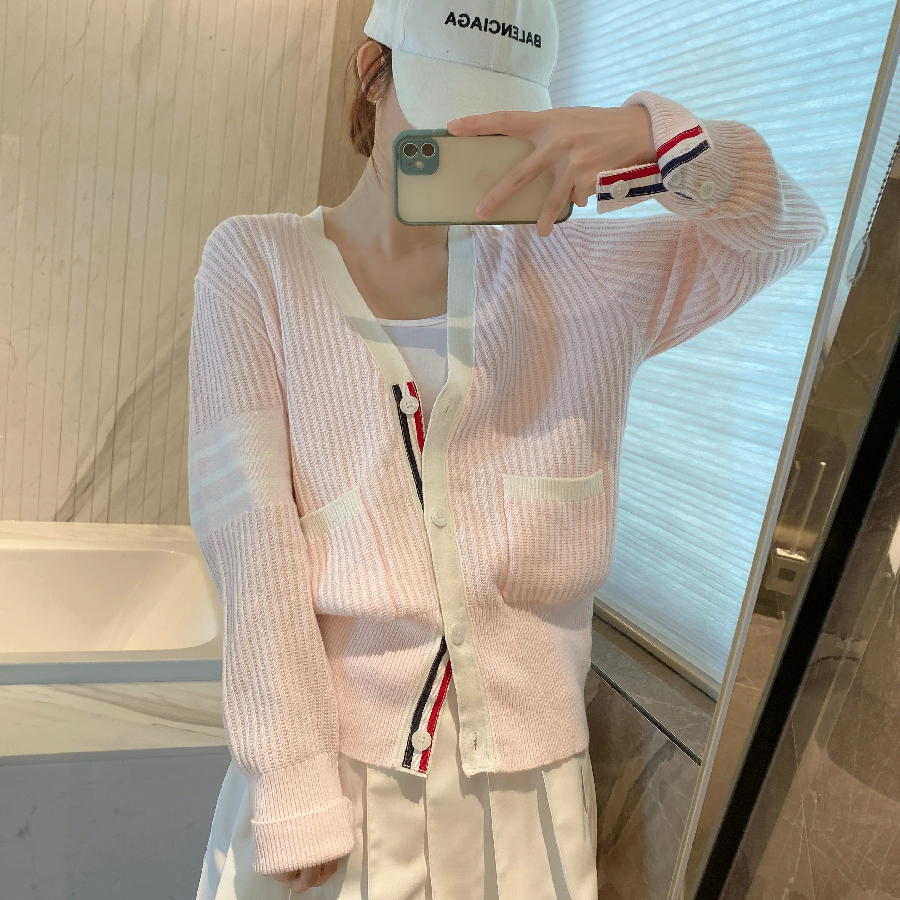Fashion TB High-quality Women's Pink Vertical Stripe Four Bar Loose Casual College Style Wool Knitted Cardigan Coat