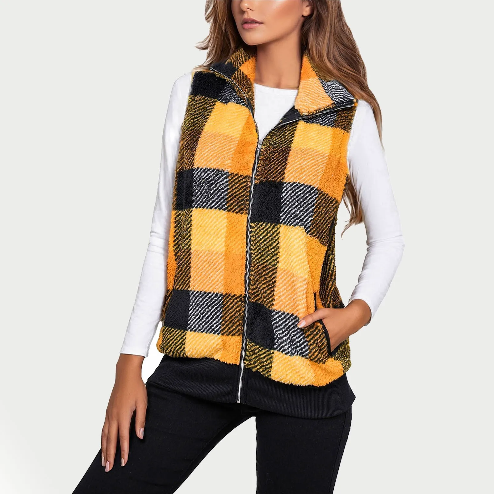 Женский клетчатый флисовый теплый жилет без рукавов пальто на молнии