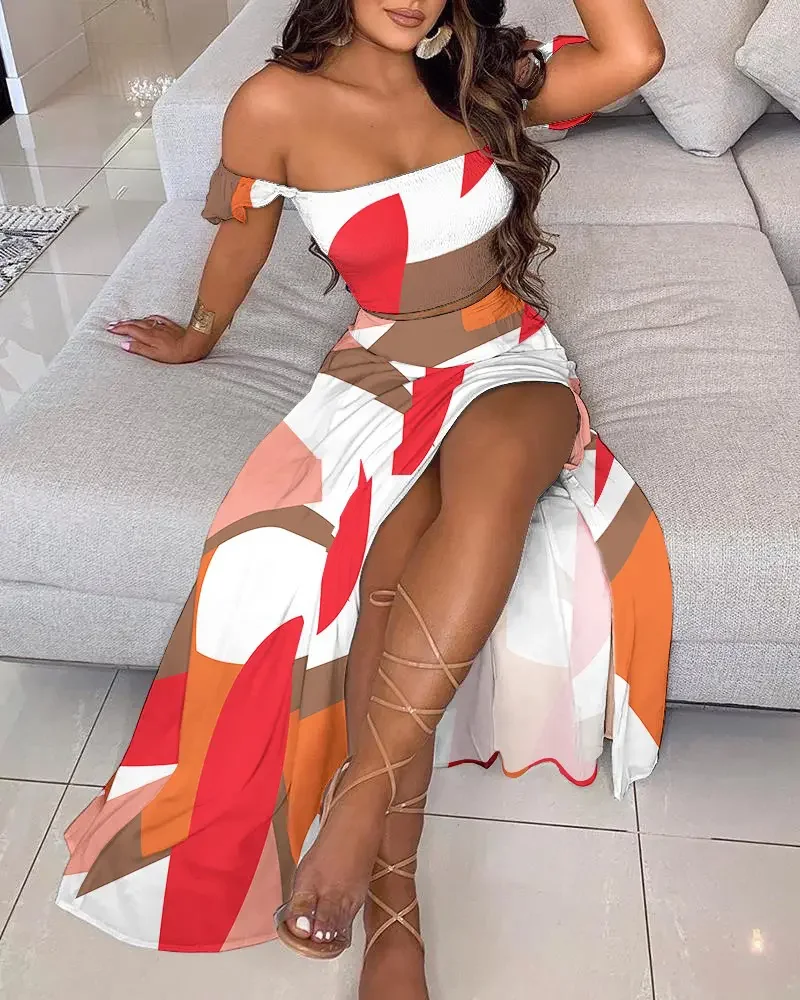 

Summer Woman Casual Chic Colorblock Off the Shoulder Shirred Cap Sleeve Crop Top & Maxi High Slit Vacation Skirt Set