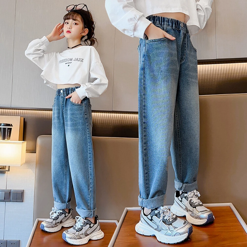 

Girls Jeans Teenage Elastic Denim Trouser Korean Spring Girl Spray White Harun Pants Big Kids loose Outer Wearing Casual Pants