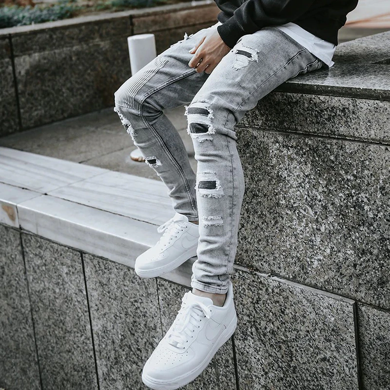 Ripped Jeans Men's Casual Pants Fashion Skinny Beggar Patch Blue Slim Pencil Denim Trousers Streetwear Jeans for Men