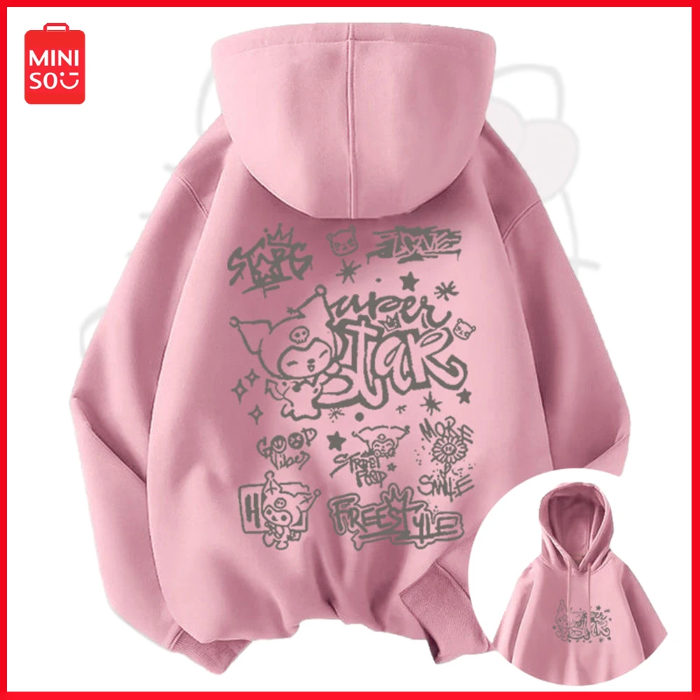 

New Miniso Sanrio Kulome Cotton Hooded Sweater Street Cartoon Fall Winter Hip-Hop Loose Long-Sleeved Jacket Sports Couple Shirt