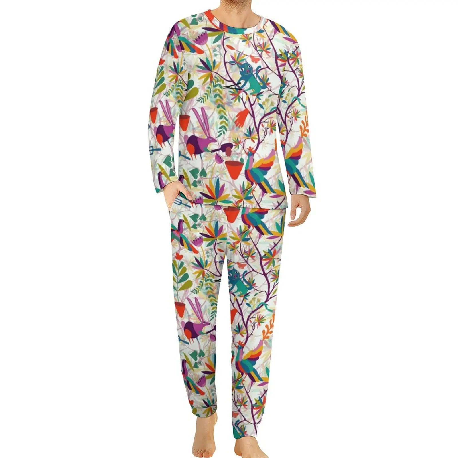 

Пижама Мужская Осенняя теплая с принтом листьев и длинными рукавами