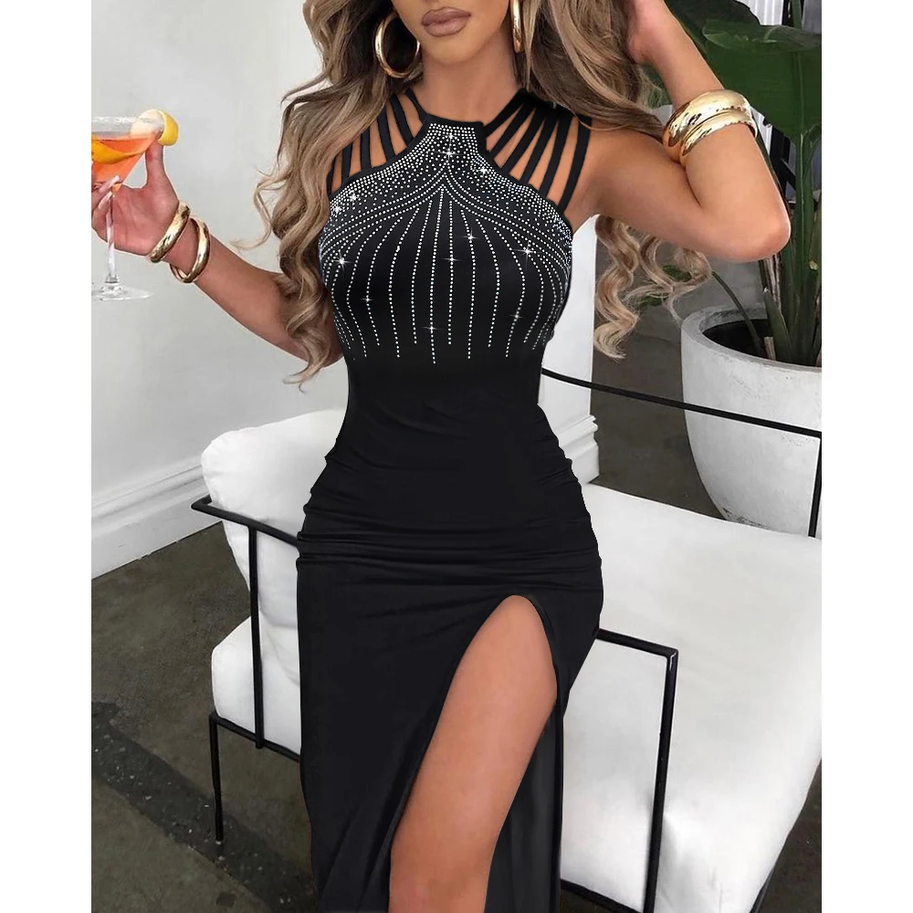 

Party Balck Dress Women Elegant Slim Fit Hot Diamond High Slit Vintage Sexy Sleeveless Evening Club Vestidos Summer Dresses