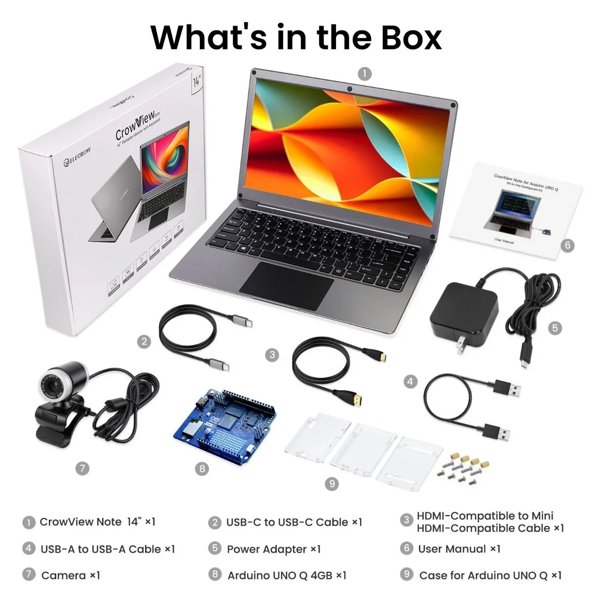 Портативный монитор Elecrow CrowView Note 14 дюймов IPS 1080P с Arduino UNO Q, USB-C, встроенной HD-камерой и динамиком для SBC-ноутбуков (art.: 3920db1452f33) - 3920db1452f33