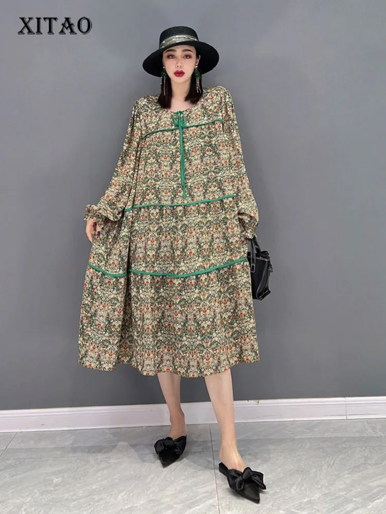 

XITAO Chiffon Print Dress Fashion Ruffle Pullover Goddess Fan Casual Style Full Sleeve 2022 Spring Minority Dress WLD6791