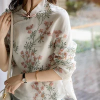 2022 chinese casual cotton linen loose mandarin collar long blouse shirt elegant flower print loose tops women traditional shirt