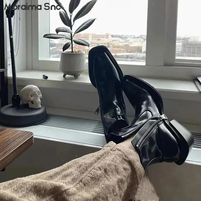 Black Handsome Thick Heel Square Head Leather Ankle Boots Design Sense Side Zipper Short Tube Chelsea Boots Large Size Boots