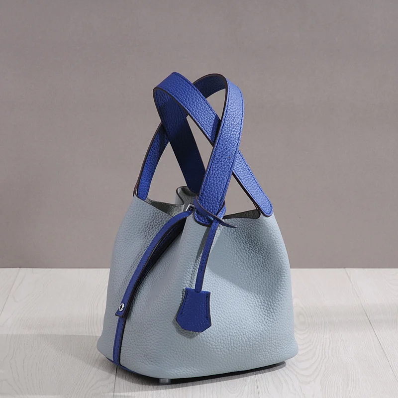 

lychee grain first layer cowhide leather bucket cabbage blue bag handbag tide women's tide 2022 new summer women's bags
