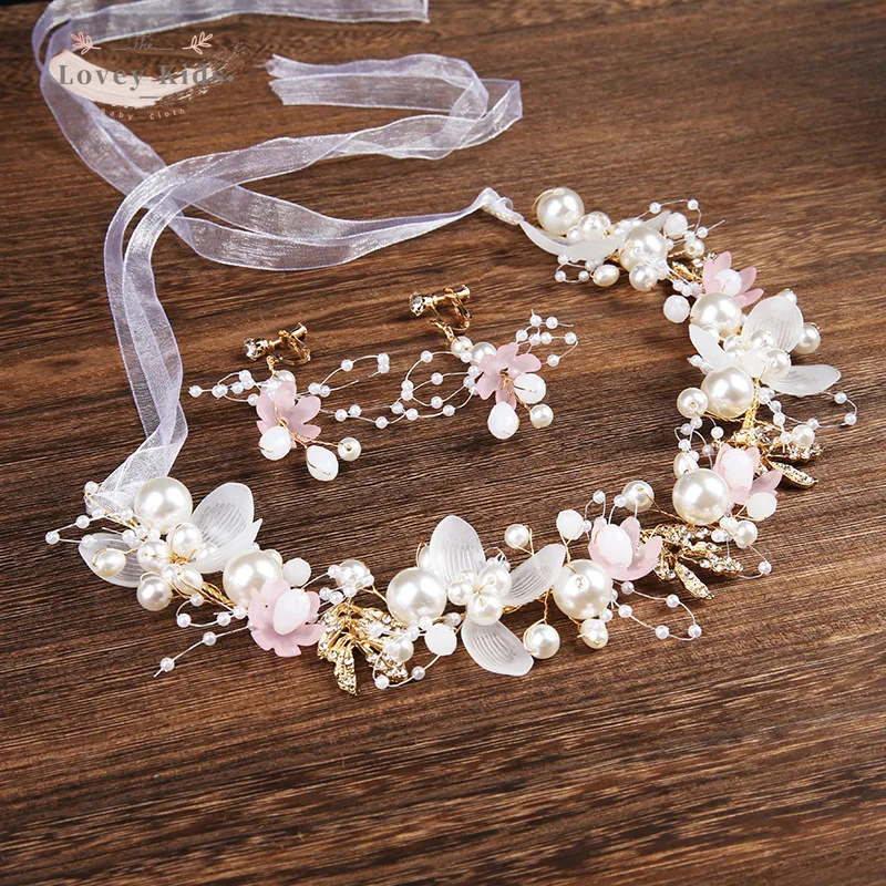 Baby Girl Crown 2021 Princess Sweet Flower Beading Patchwork Headdress with Earrings Wedding Birthday Headpiece Hair Wreath