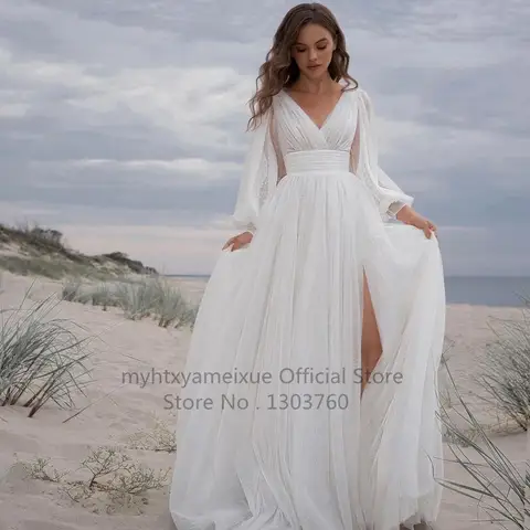 Sexy Wedding Dresses 2022 White Puff Sleeve Bride Dress High Split A-Line Backless Princess Evening Gowns Plus Size Plus Size