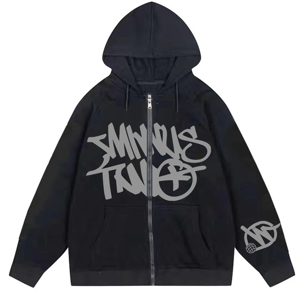 

Gothic Minus Two Ins High Street Y2K Unisex Inner Fleece Hoodies&Sweatshirt Zip Up Oversized Men's Women's Streetwear Coat