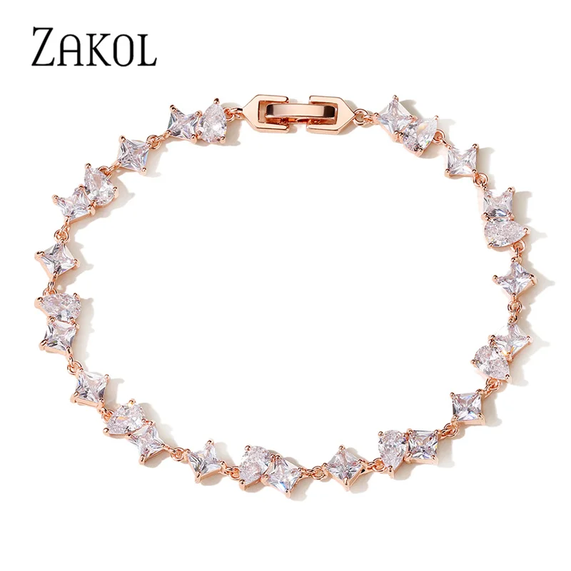 

ZAKOL Brand Square Geometry Cubic Zirconia Charm Bracelet & Bangles for Women Trendy CZ Crystal Bride Wedding Jewelry BP5008