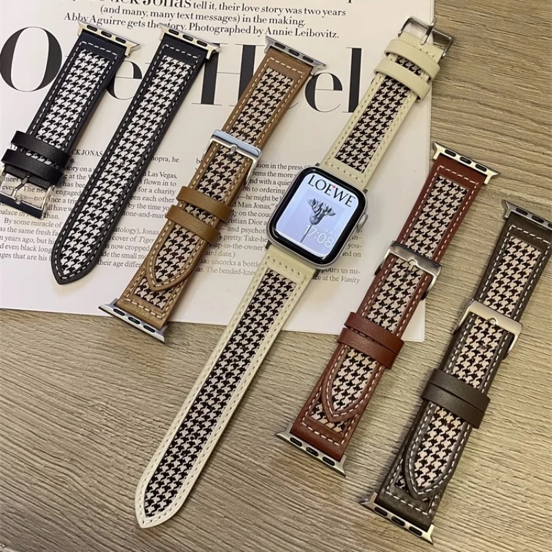 

Houndstooth Leather Strap for iWatch Band Ultra 49mm Business Sport loop on Apple Smart Watch SE Strap 40mm 45 44mm Series 87654