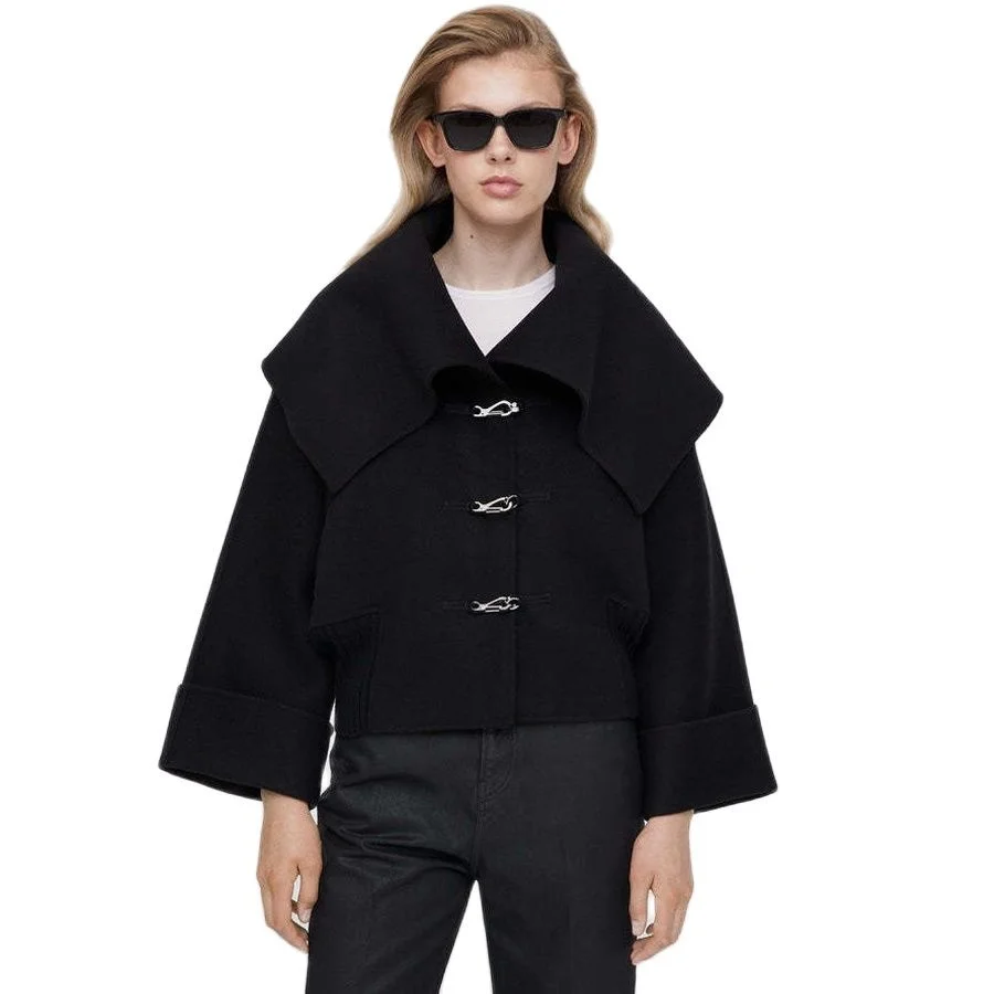 

Женская шерстяная куртка в стиле ретро AW22, повседневное короткое пальто с отложным воротником, теплая зимняя куртка, свободная куртка