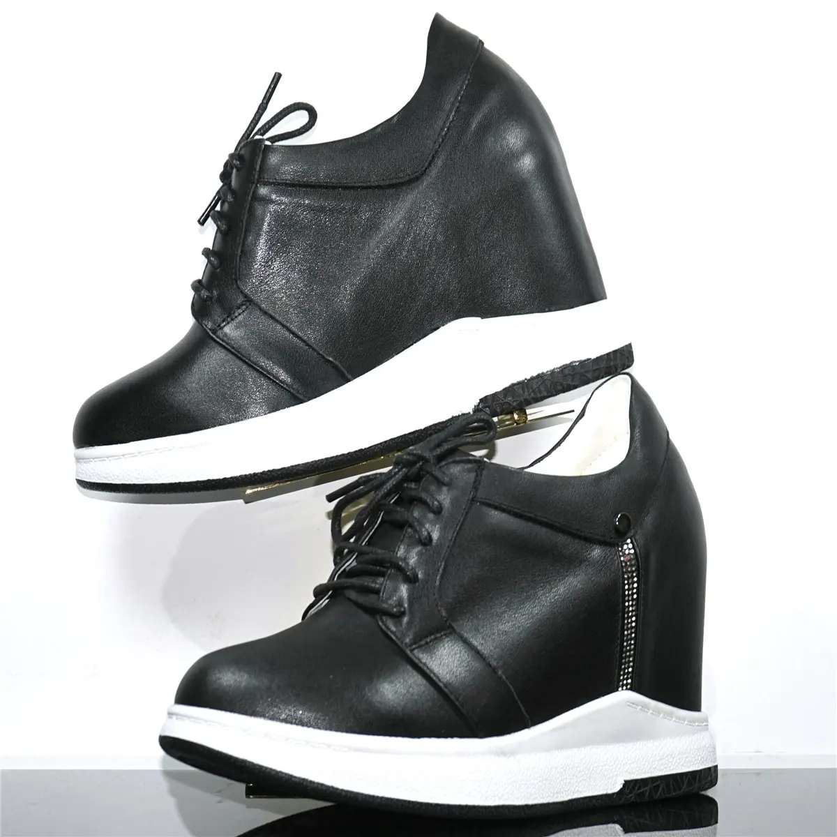 Casual Shoes Women Lace Up Genuine Leather Wedges High Heel Pumps Female Round Toe Platform Fashion Sneakers Rhinestones Loafers