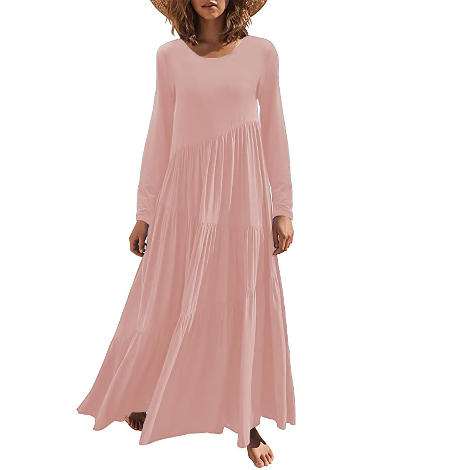 

Long Sleeved Maxi Dress Women Round Neck Asymmetrical Swaying Layered Spring Summer Dresses For Women Beach Vintage Dresses