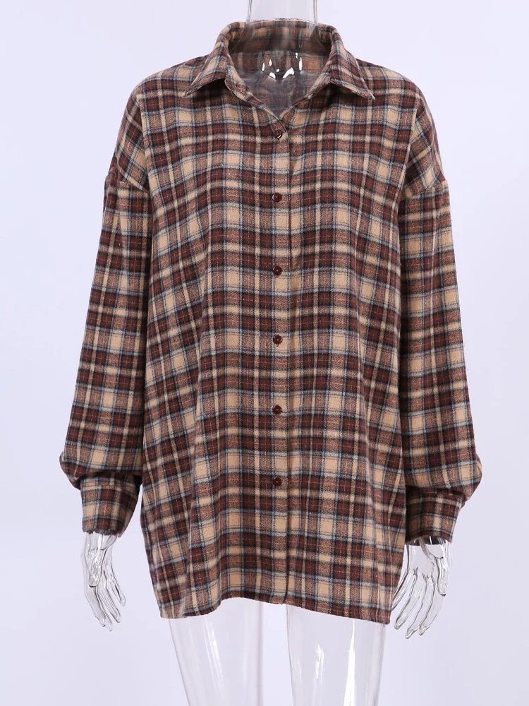 Винтажная клетчатая рубашка женская блузка с длинным рукавом топ модная