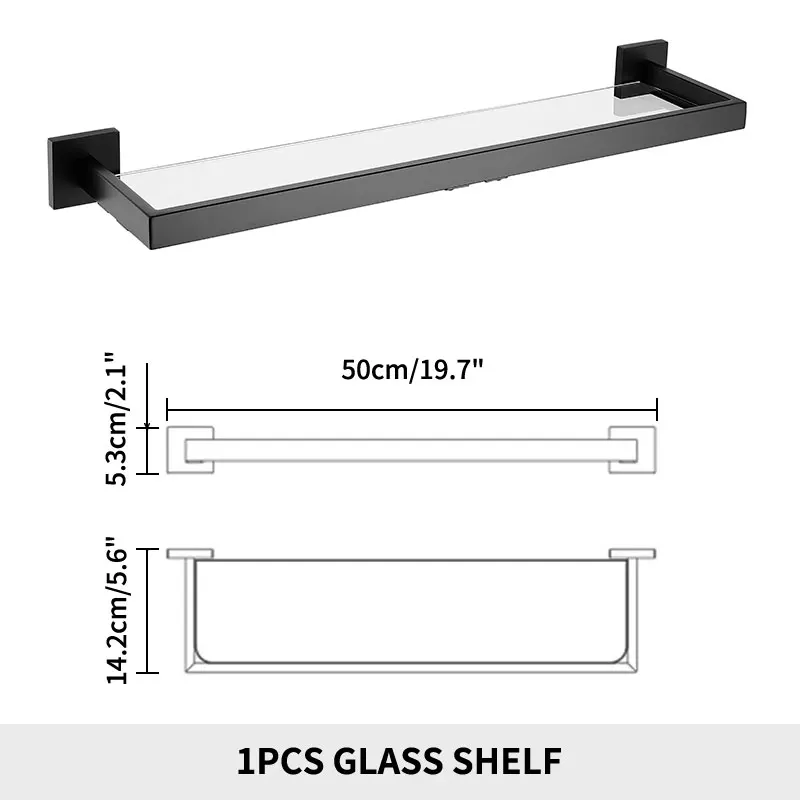 

Настенная полка для ванной комнаты с прямоугольным закаленным стеклом, настенное крепление из нержавеющей стали, стеклянные квадратные полки, кухонный органайзер, черный