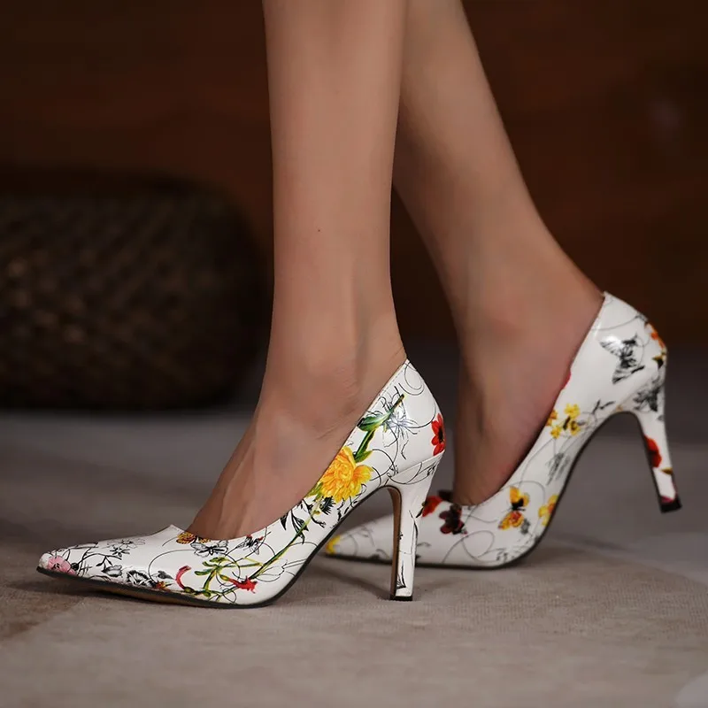 

2022 Spring New Fashion Pointed Toe Slip-on Pumps Floral Party Shoes 7cm Stiletto Women's Pumps Size 35-43