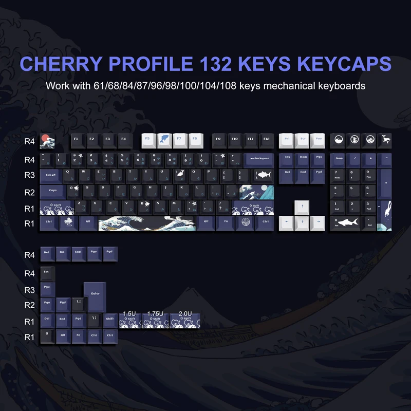 

132 Keys Black Coral Sea Dye-Sub Cherry Profile Keycap DIY PBT Keycap Cherry Gateron MX Switches For Gamer Mechanical Keyboards