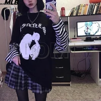 women harajuku oversized tshirt fake two piece for striped o neck long sleeve black graphics hip hop loose spring autumn top y2k