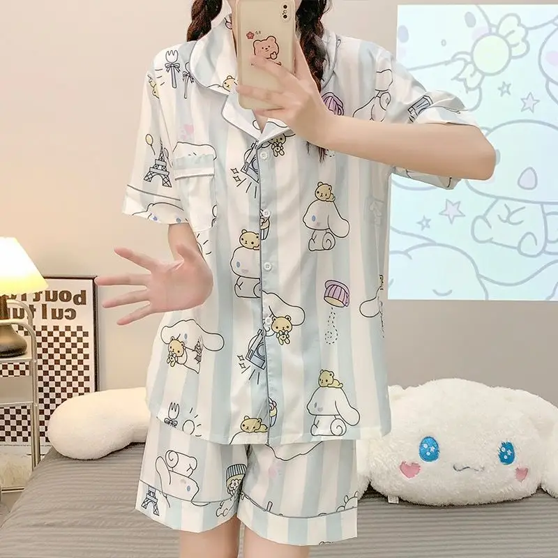 

Sanrio Cute Cartoon Cinnamoroll Kuromi Loose Casual Summer Thin Section Short-Sleeved Shorts Set Kawaii Anime Home Service Set