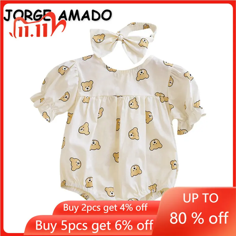 

Korean Style Summer Baby Clothes for Girl Bodysuit Short Puff Sleeves Cartoon Bear Jumpsuit with Headwear Infant Clothing E2017