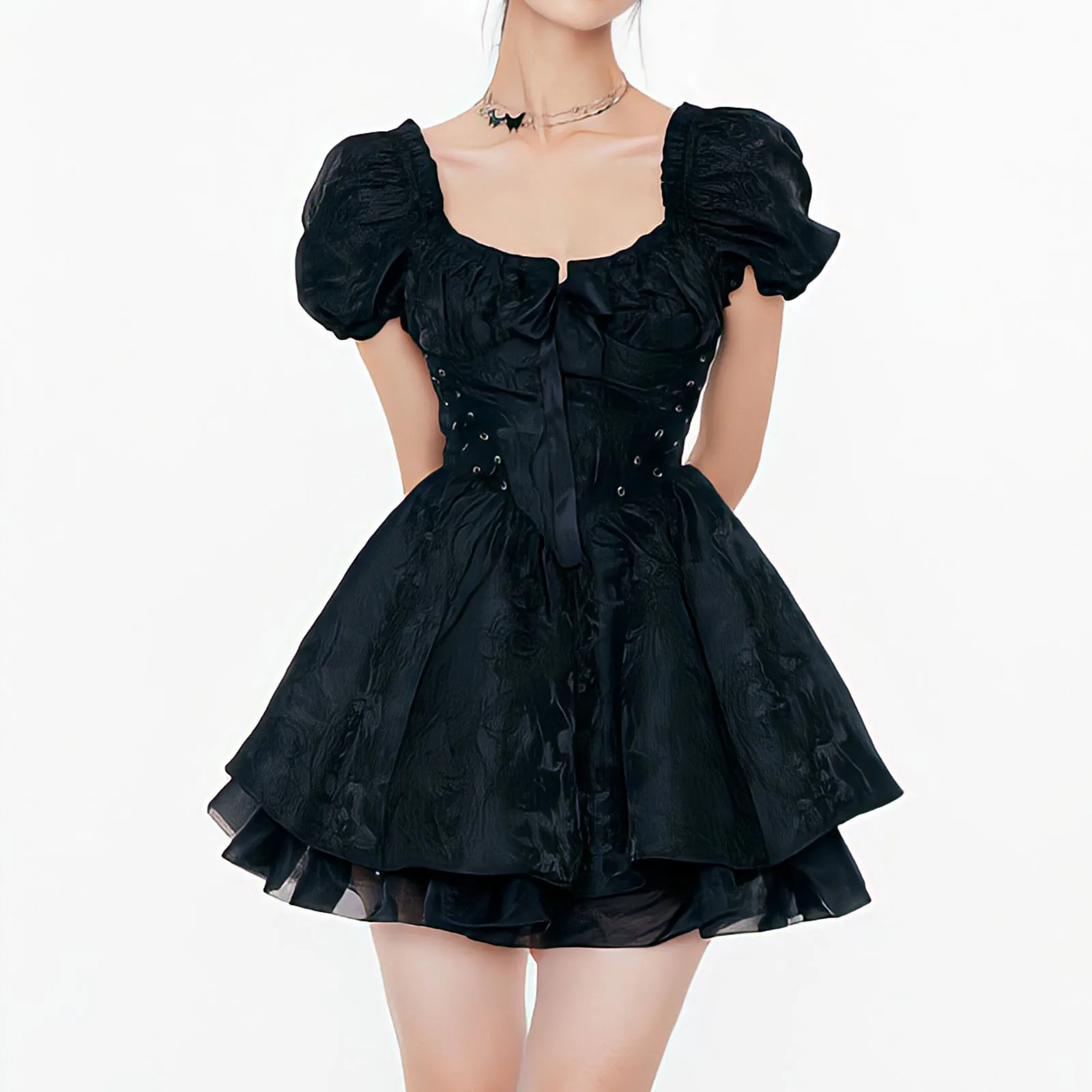 

Summer Women's Dress Lolita Tunic Mesh Escaping Princess Square Neck Advanced Party Bubble Sleeve Gift Vintage Mini Dress