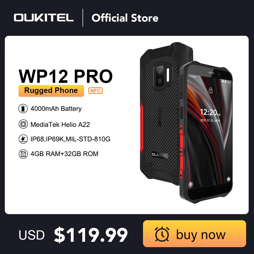 Oukitel WP12 Pro IP68/IP69K Rugged Smartphone NFC 4GB+64GB 5.55 HD+ 4000mAh Quad Core Android11 Mobile Phone 13MP Cell Phone