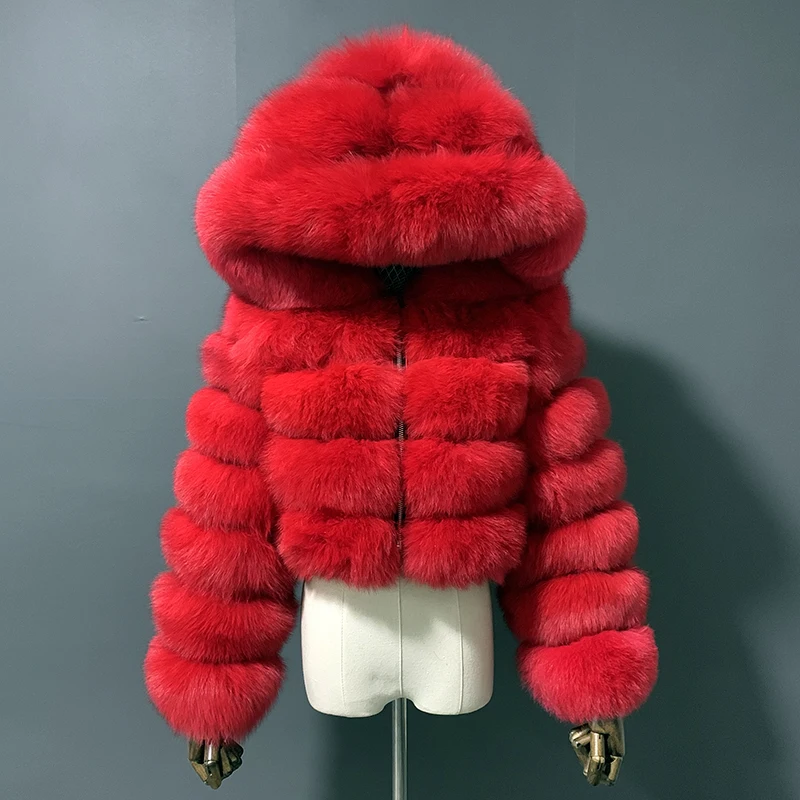 Fashion Short Style Women's Real Fox Fur Coat With Hood Winter Cropped Natural Fur Jacket Long Sleeve Warm Leisure Streetwear enlarge