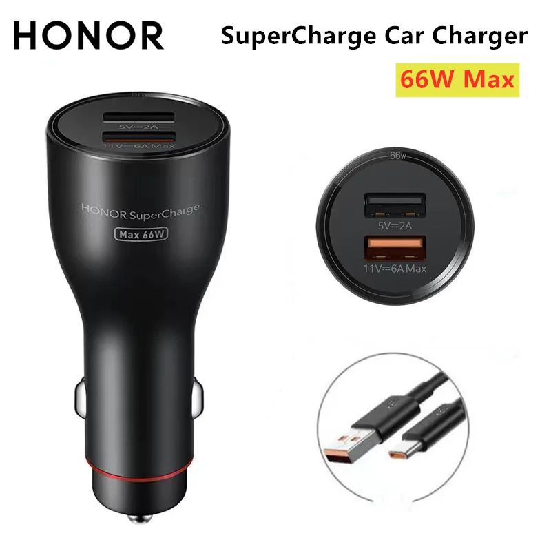 Honor SuperCharge Car Charger 66W Max Dual USB QC2.0 FCP SCP Fast Charge Universal Compatibility With 6A Type-c Cable