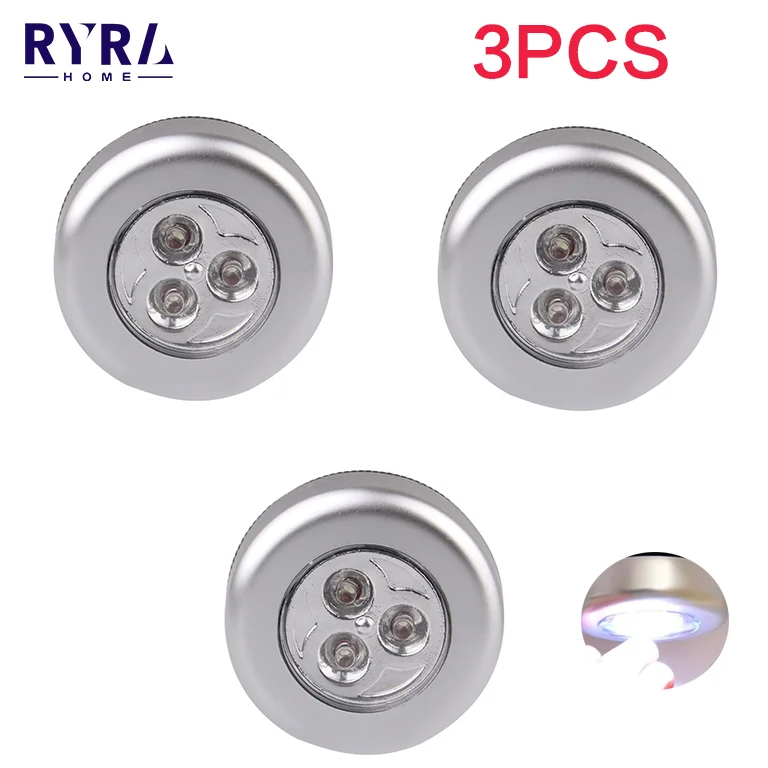 

2/3pcs 3 LED Touch Control Night Light Round Lamp Battery Powered Wall Lamp Wardrobe Kitchen Lighting Under Cabinet Light Newest
