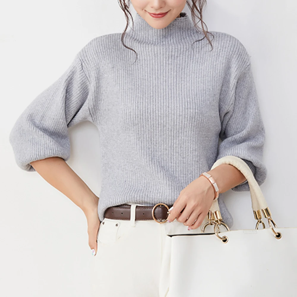 

Women Gray Sweater Pullover Fashion Simple Casual Loose Lantern Sleeve Sweater Elegant Daily Korean Style Clothes OL Office Lady