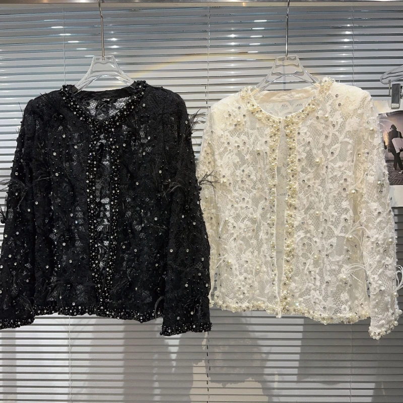 

Осень 2023, шикарное кружевное пальто с жемчужинами для женщин, новинка, кружевной Вязаный топ с искусственными перьями, женское тонкое короткое пальто