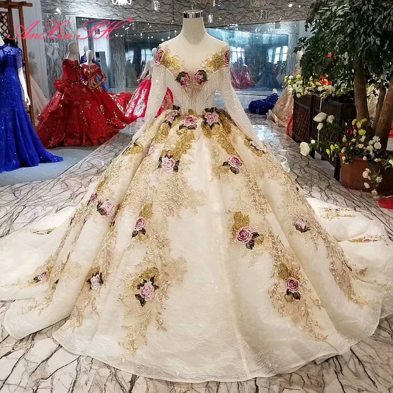 

AnXin SH Luxury princess champagne rose flower lace beading crystal illusion o neck long sleeve wedding dress 100% real photo