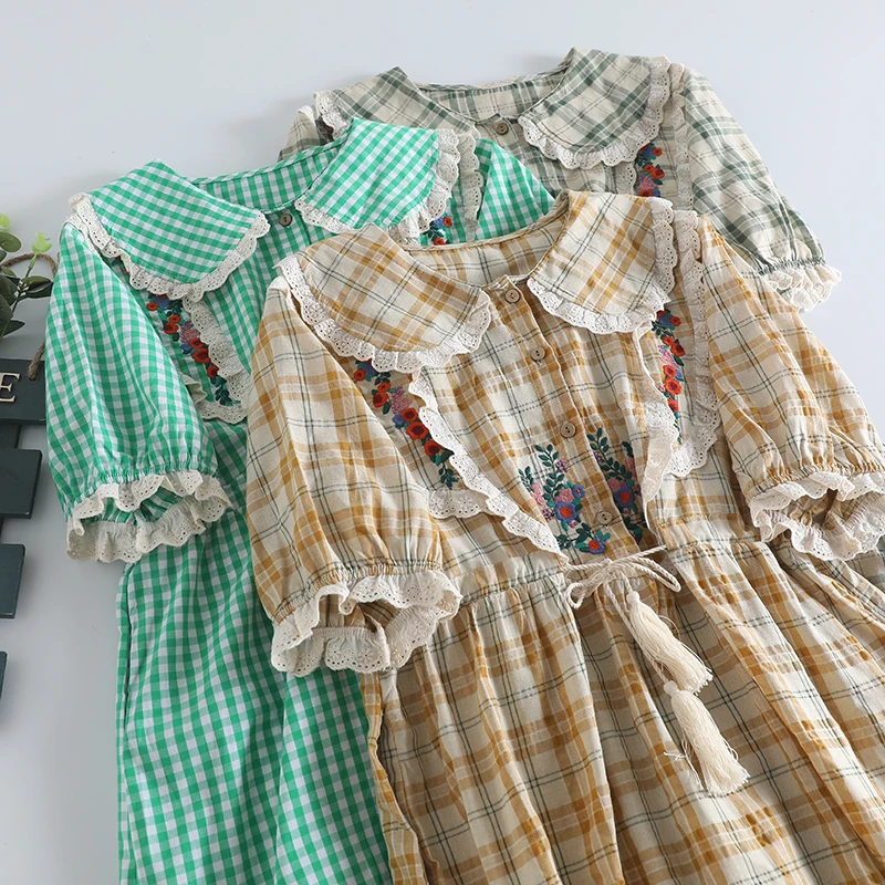 

Vintage Embroidered Plaid Dresses Japanese Mori Girl Peter Pan Collar Lace Long Loose Dress Elegant Female Short Sleeve Vestidos