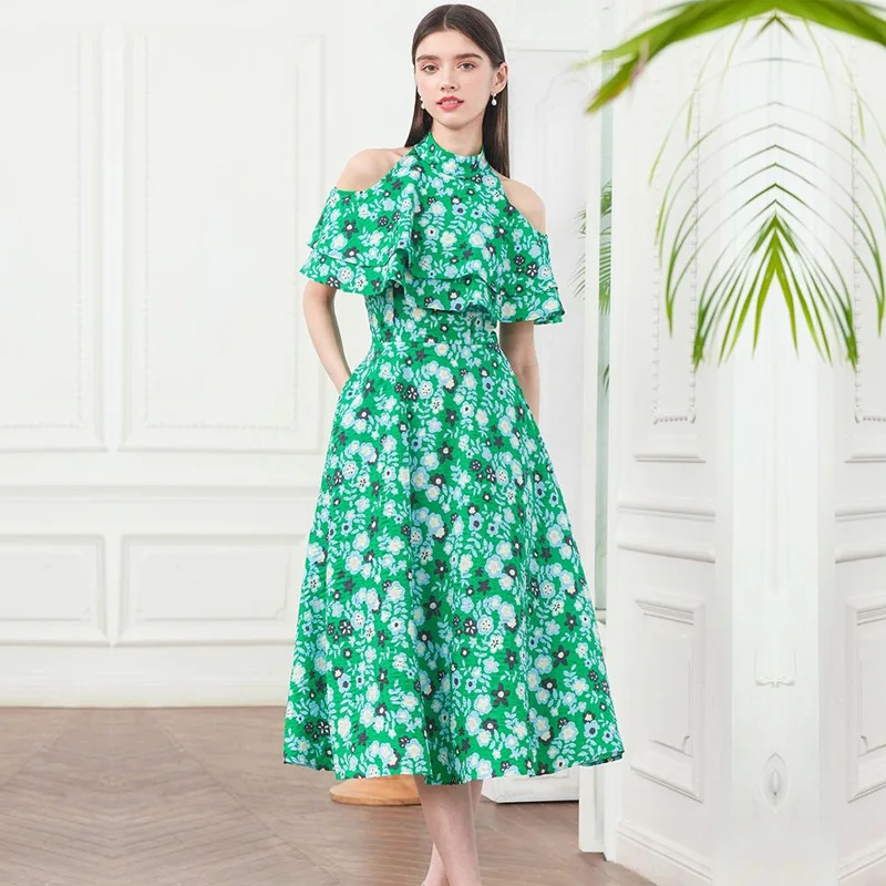 High end floral dress women's wear summer new French style cotton linen neck skirt