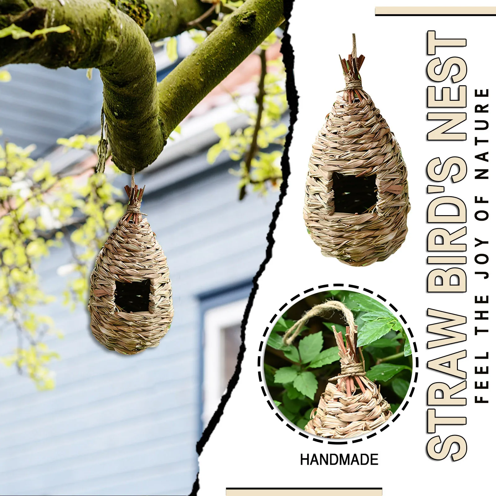 

Hanging Bird House Pastoral Style Birdhouse Natural Fiber Finch Bird Nest Hut Outdoo Cage Hand-Woven Straw Rope Shelter Hideaway