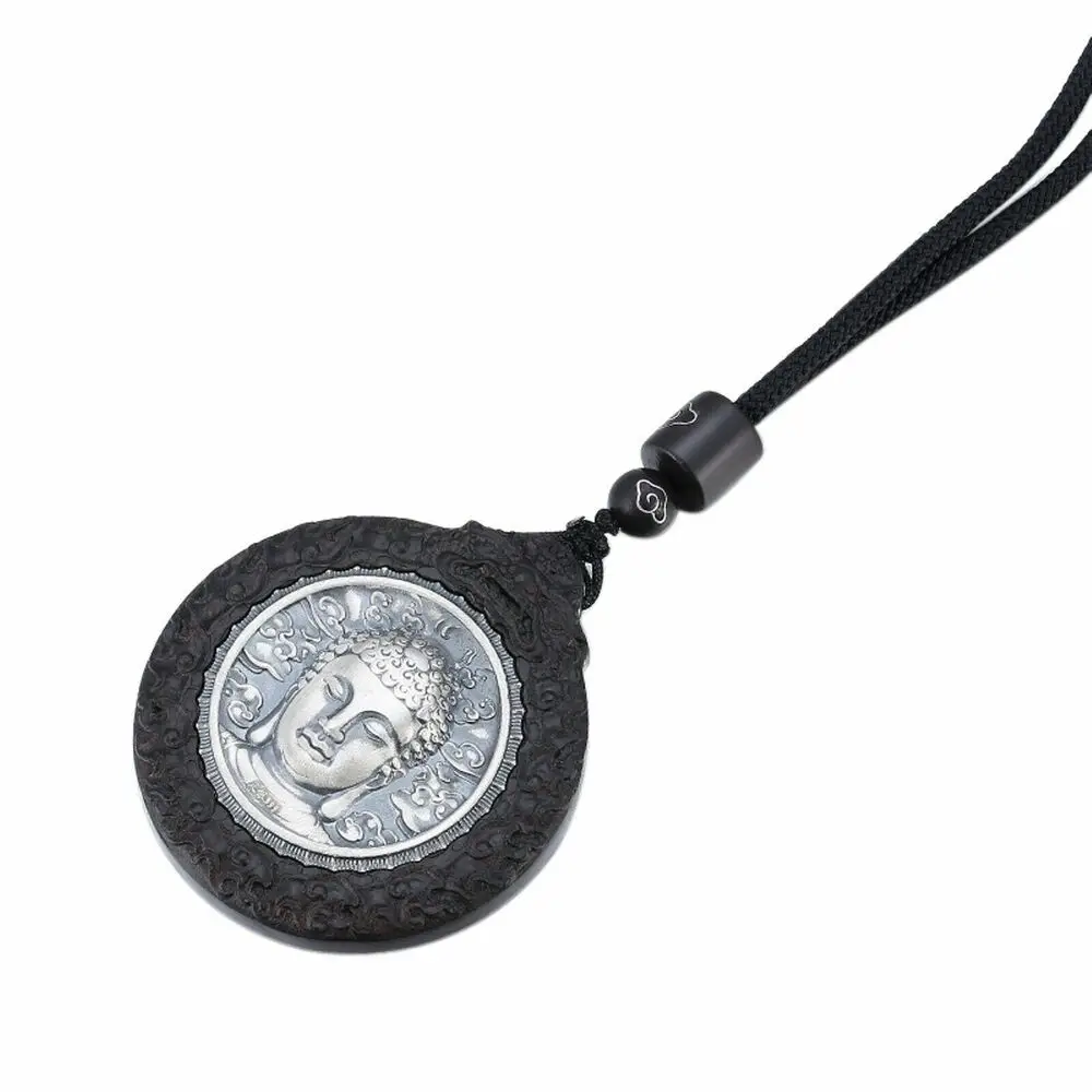 

Pure S999 Sterling Silver Luck Mantra Ebony Patron Saint Buddha Round Pendant