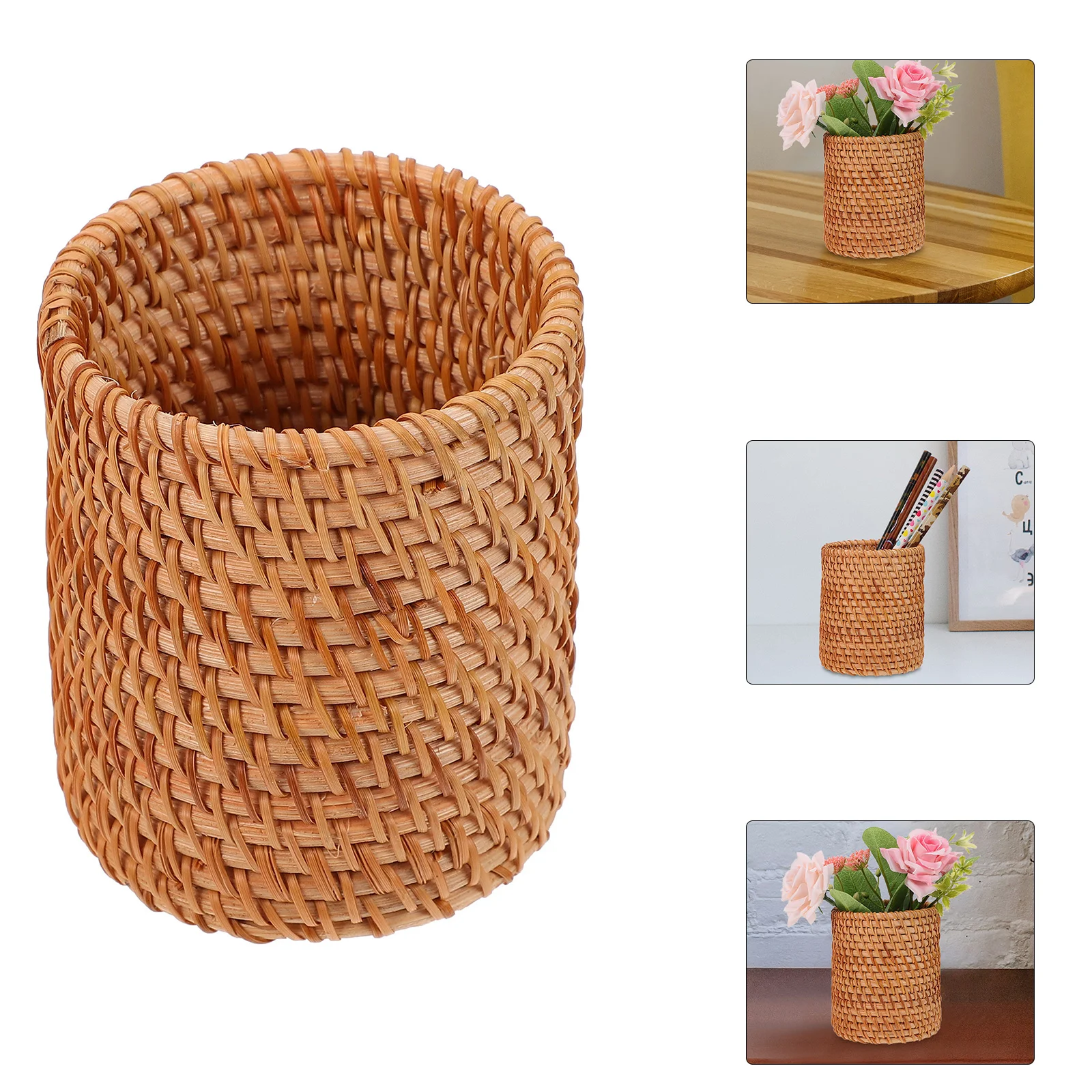 

Holder Pen Woven Desk Rattan Container Cup Basketmakeupbrush Organizer Vase Desktop Wicker Stand Storage Jarwood Stationery