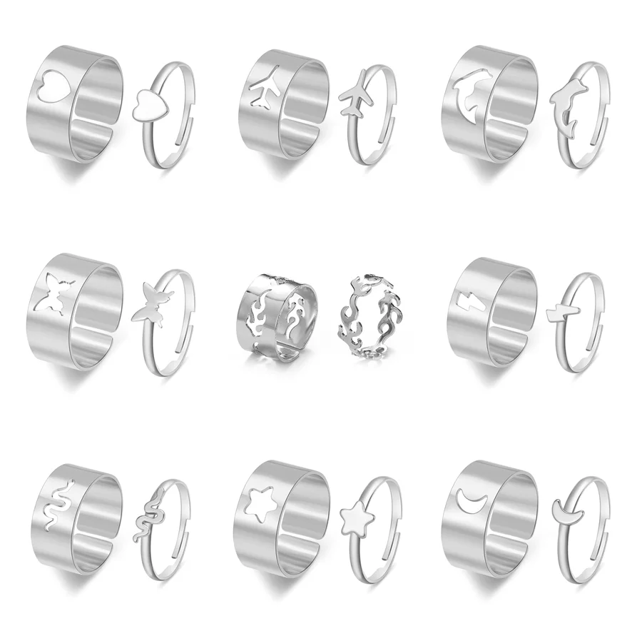 

Couple Set Two-piece Ring Plane Moon Star Dolphin Butterfly Snake Opening Adjustable Copper Material Niche Index Finger Ring